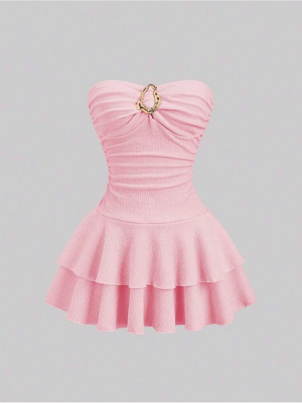 Strapless Pink Ruffle Mini Dress with Gold Ring Detail